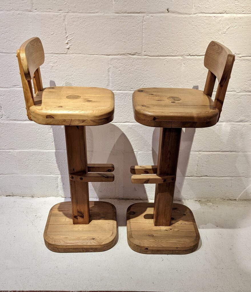 Brutalist massive pine bar stools