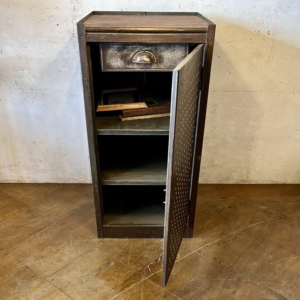 Early 20th Vintage Industrial Perforated Metal Cabinet with Drawer