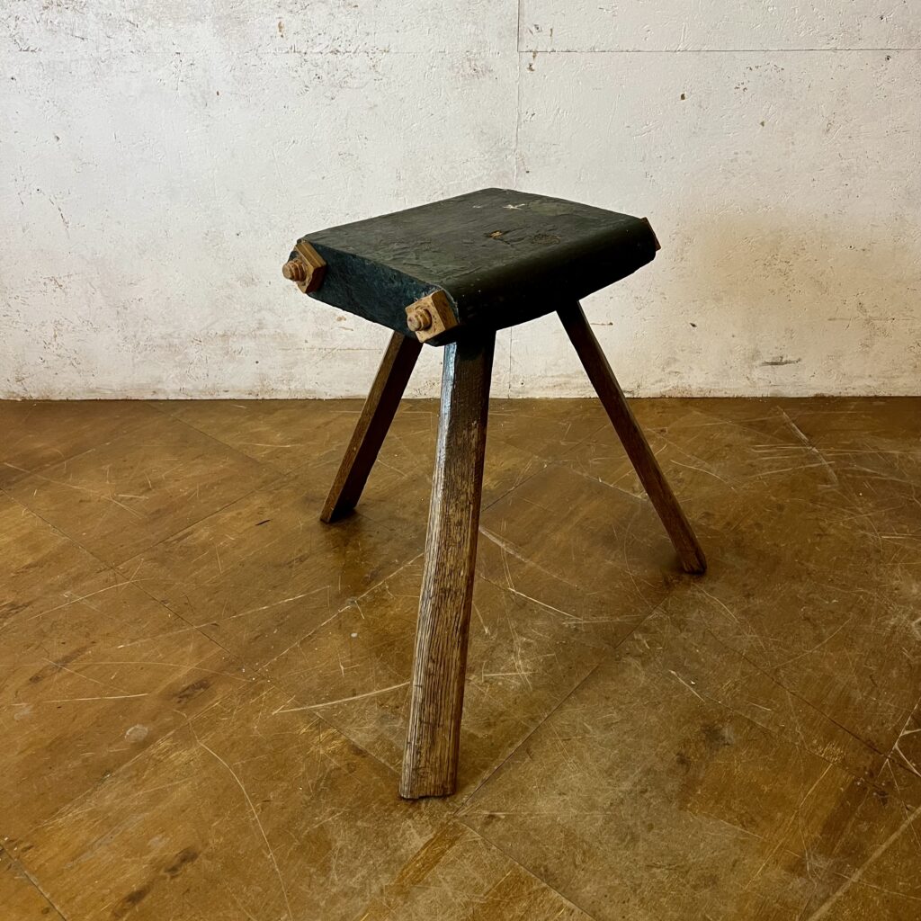 Handmade  Constructivist Folk Wooden Stool with Painted Oilcloth Seat