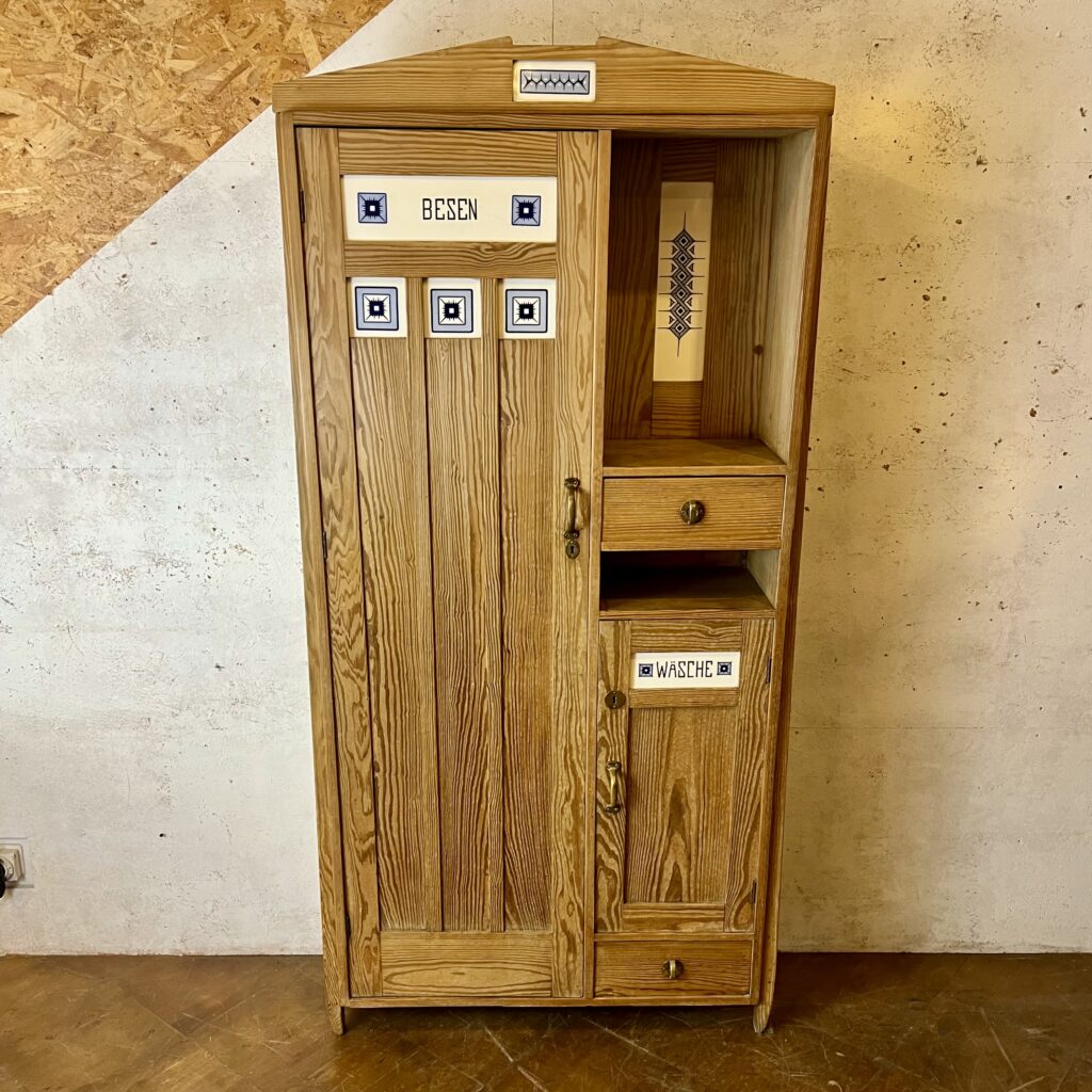 Art Nouveau Pine Wardrobe with Ceramic Panels, Early 20th Century