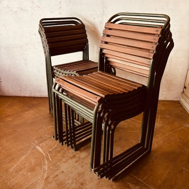 Set of  10 “PEL” Bruno Pollock tubular steel stacking chairs