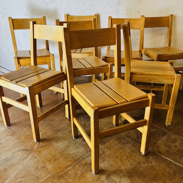 (12) Set of 12 Solid Pine Chairs Selected by Charlotte Perriand for La Cascade, Les Arcs 1600